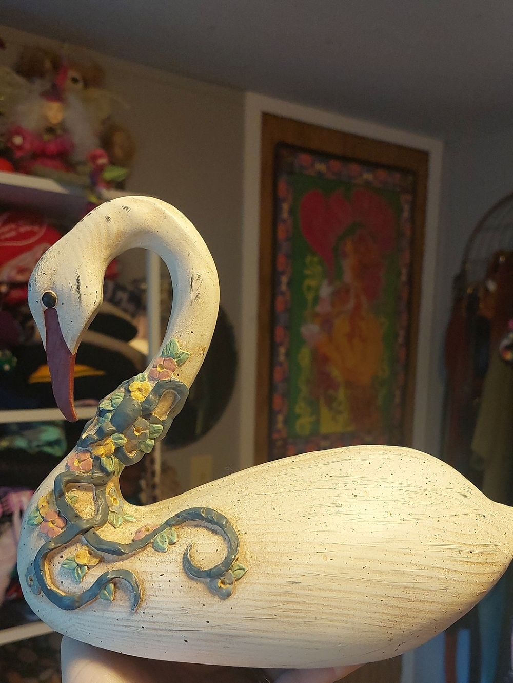 VTG Primitive Swan Decorative Sculpture wood signed dated 90s Cottagecore granny